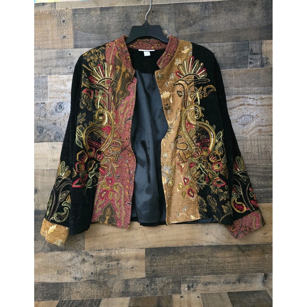 Women VTG Embroidered Patchwork Paisley Jacket Sequins Fairygoth Festival Large